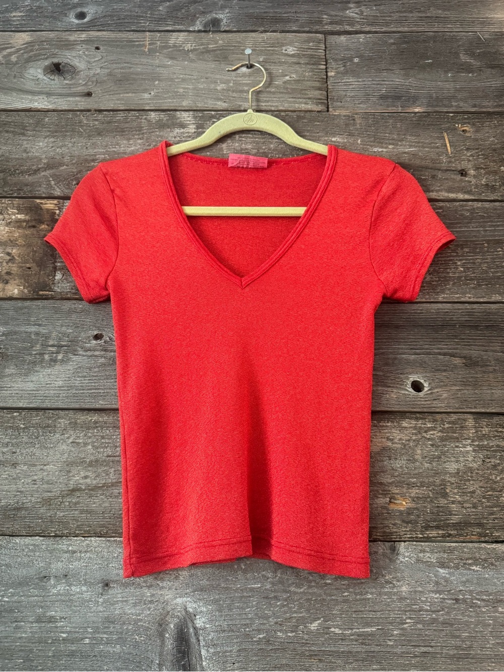 Vintage 90s Michael Stars Red Orange Shimmer "Shine" V-neck Tee - OS
